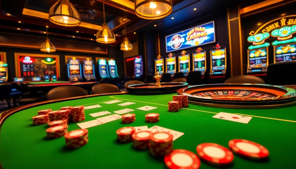 Experience the excitement of CM88 with vibrant casino tables, cards, and roulette wheels.