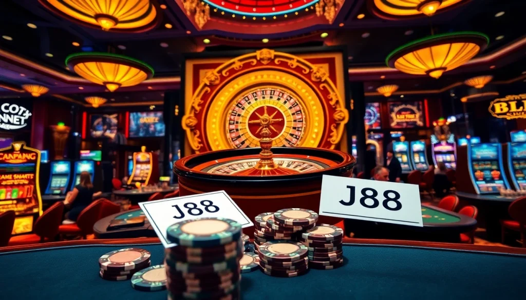 Experience thrilling high-stakes gambling at the luxurious J88 casino with vibrant slot machines.