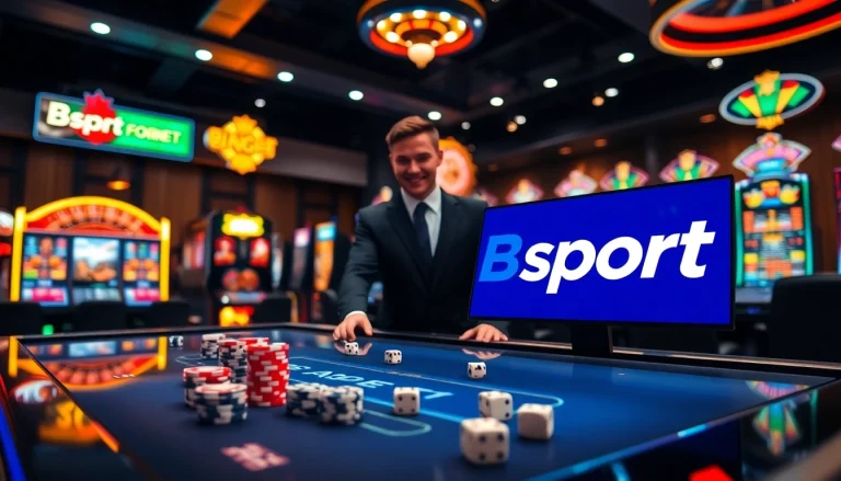 Engage with Bsport login on a vibrant online gambling scene featuring poker chips and roulette.