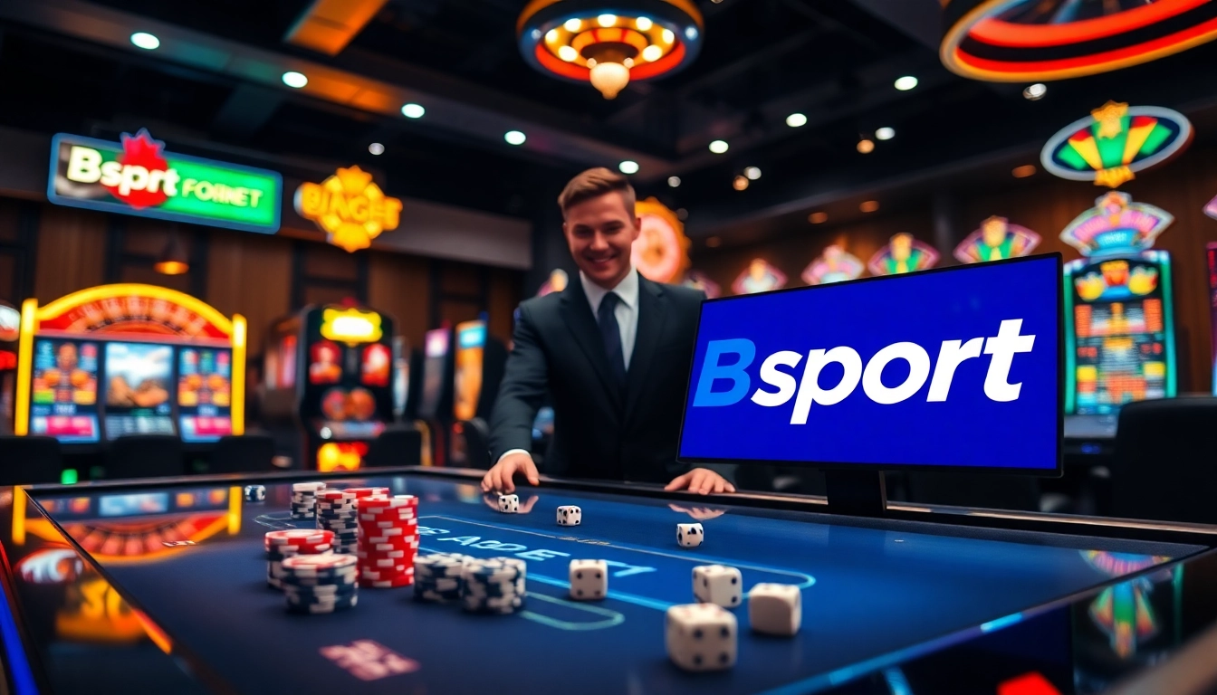 Engage with Bsport login on a vibrant online gambling scene featuring poker chips and roulette.