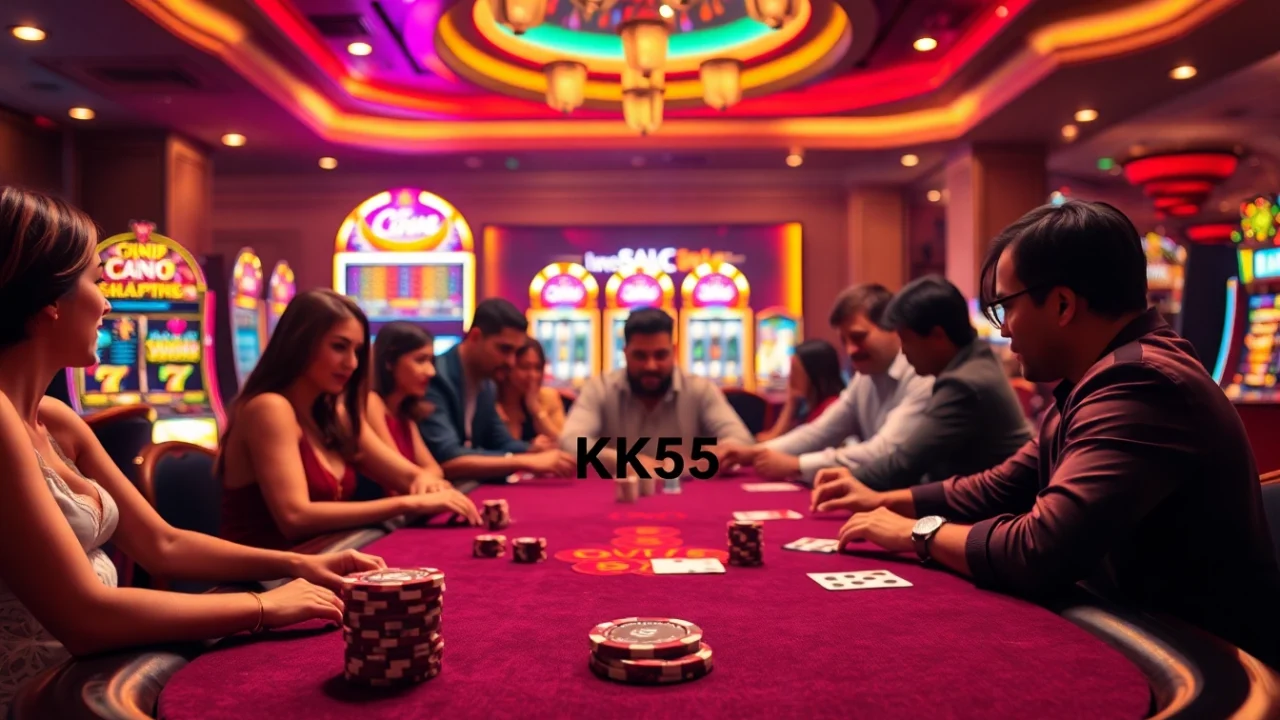 Gambling thrill illustrated with KK55 poker chips and an engaging poker table scene.