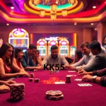 Gambling thrill illustrated with KK55 poker chips and an engaging poker table scene.