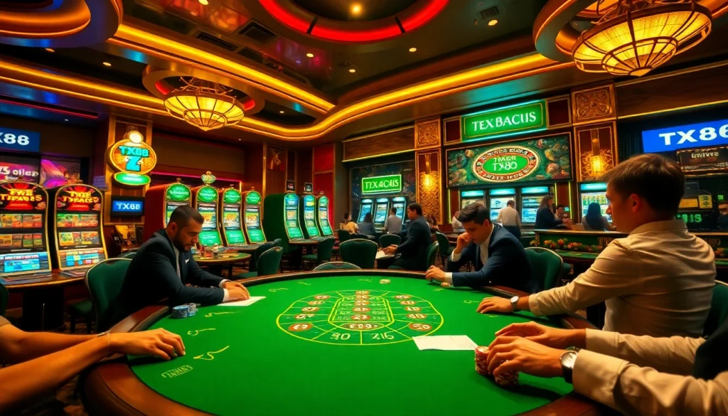 Engage with gaming excitement at TX88 casino poker table featuring vibrant chips and luxurious atmosphere.