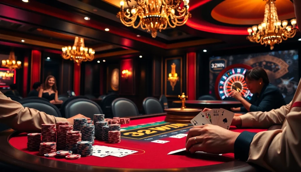 Players enjoy a thrilling game at 32Win casino, surrounded by vibrant poker chips and cards.