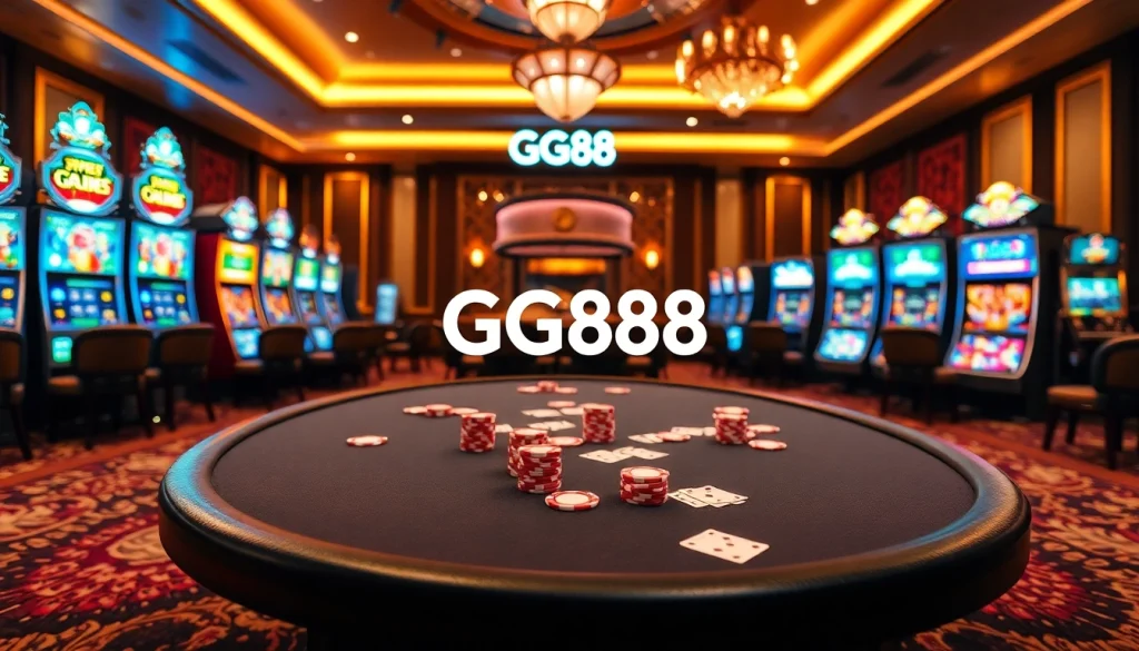 Experience thrilling gameplay at https://gg88.co.com/ with a stunning poker table setup and vibrant slot machines.