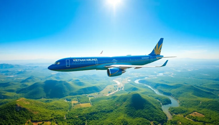 Vietnam Airlines VN168 aircraft flying over Vietnam's lush landscapes, showcasing travel excellence.