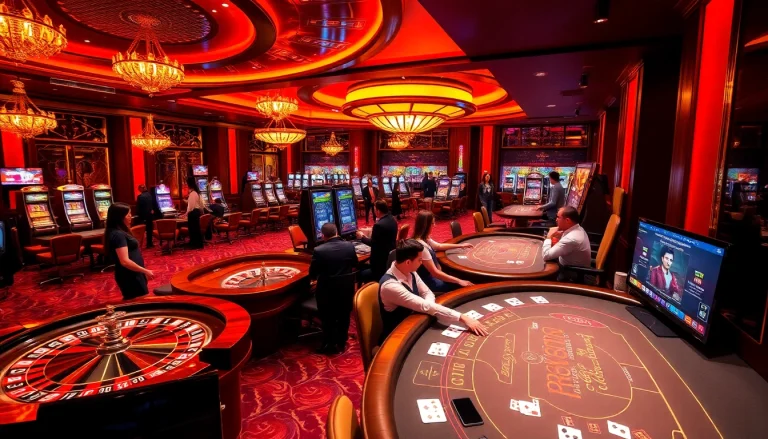 Players enjoying games at GG88 casino surrounded by vibrant slot machines and poker tables.