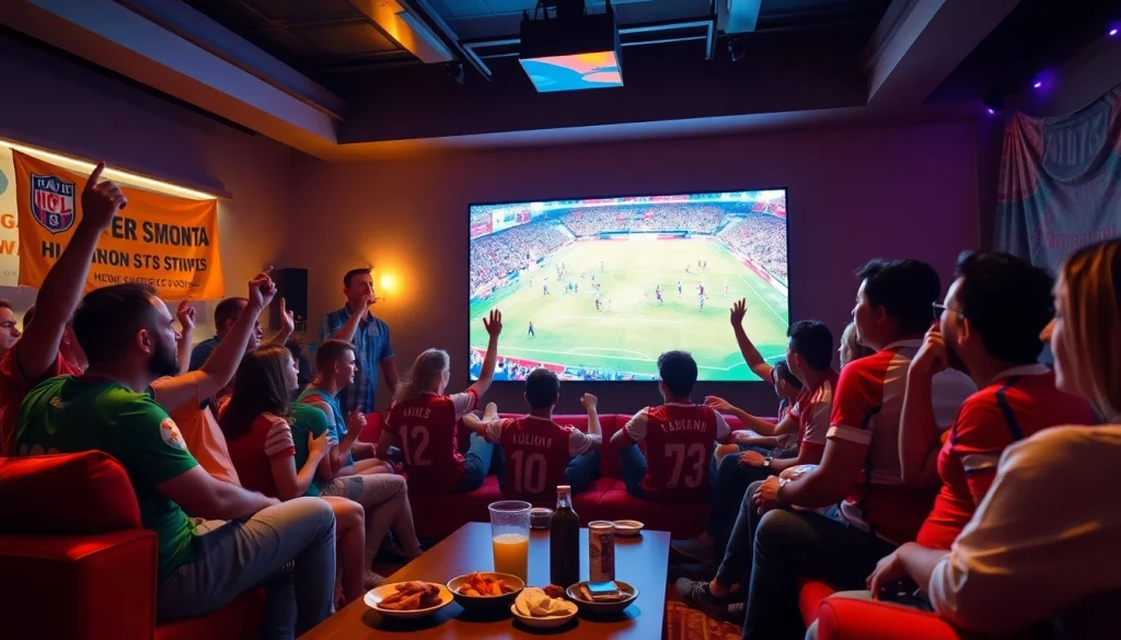 Excited fans enjoying a live football match on https://vaoluoitv.it.com with vibrant atmosphere and full HD clarity.