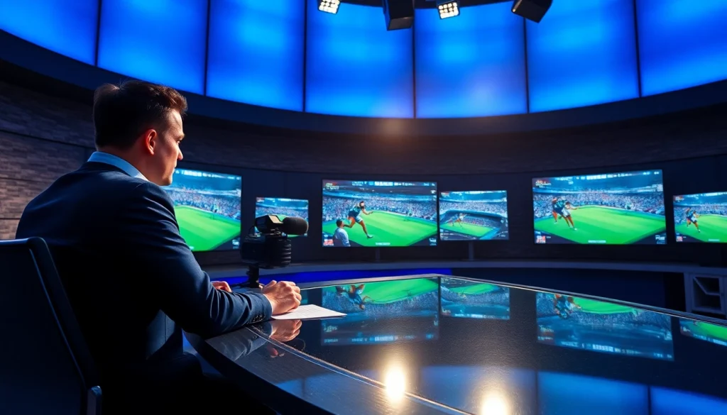 Engaging sports broadcasting scene with commentator analyzing footage on-screen.