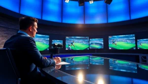 Engaging sports broadcasting scene with commentator analyzing footage on-screen.
