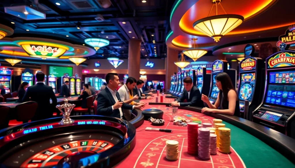 Excited players enjoying high-stakes games at a luxurious casino inspired by gamebaidoithuong.trading.