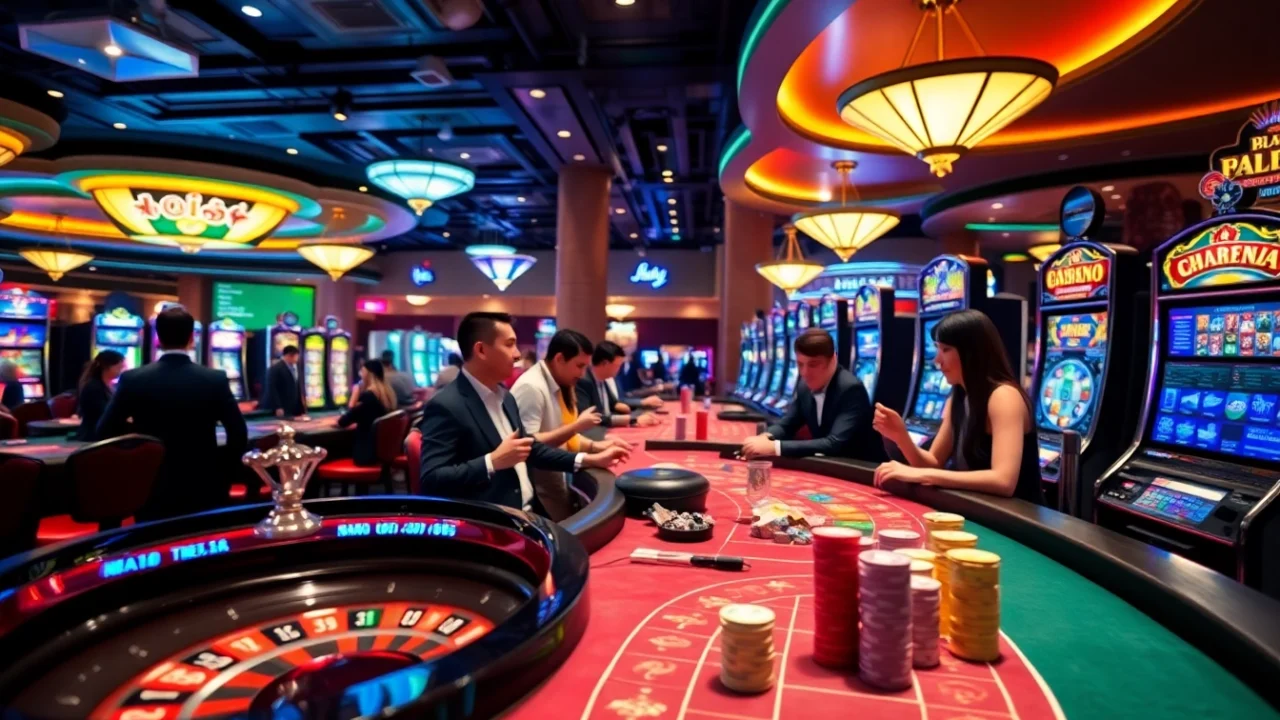 Excited players enjoying high-stakes games at a luxurious casino inspired by gamebaidoithuong.trading.