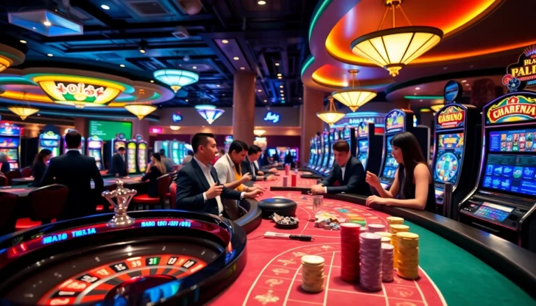 Excited players enjoying high-stakes games at a luxurious casino inspired by gamebaidoithuong.trading.