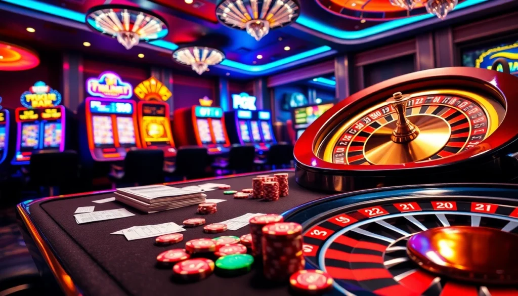 Experience the excitement of Thương hiệu PG99 at a luxurious casino table with high-stakes poker and vibrant slot machines.