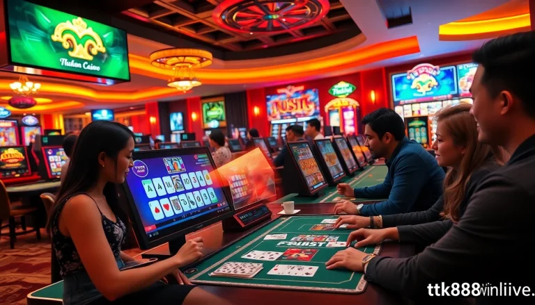 Online gambling experience at tk88win.live, featuring diverse players and vibrant casino games.