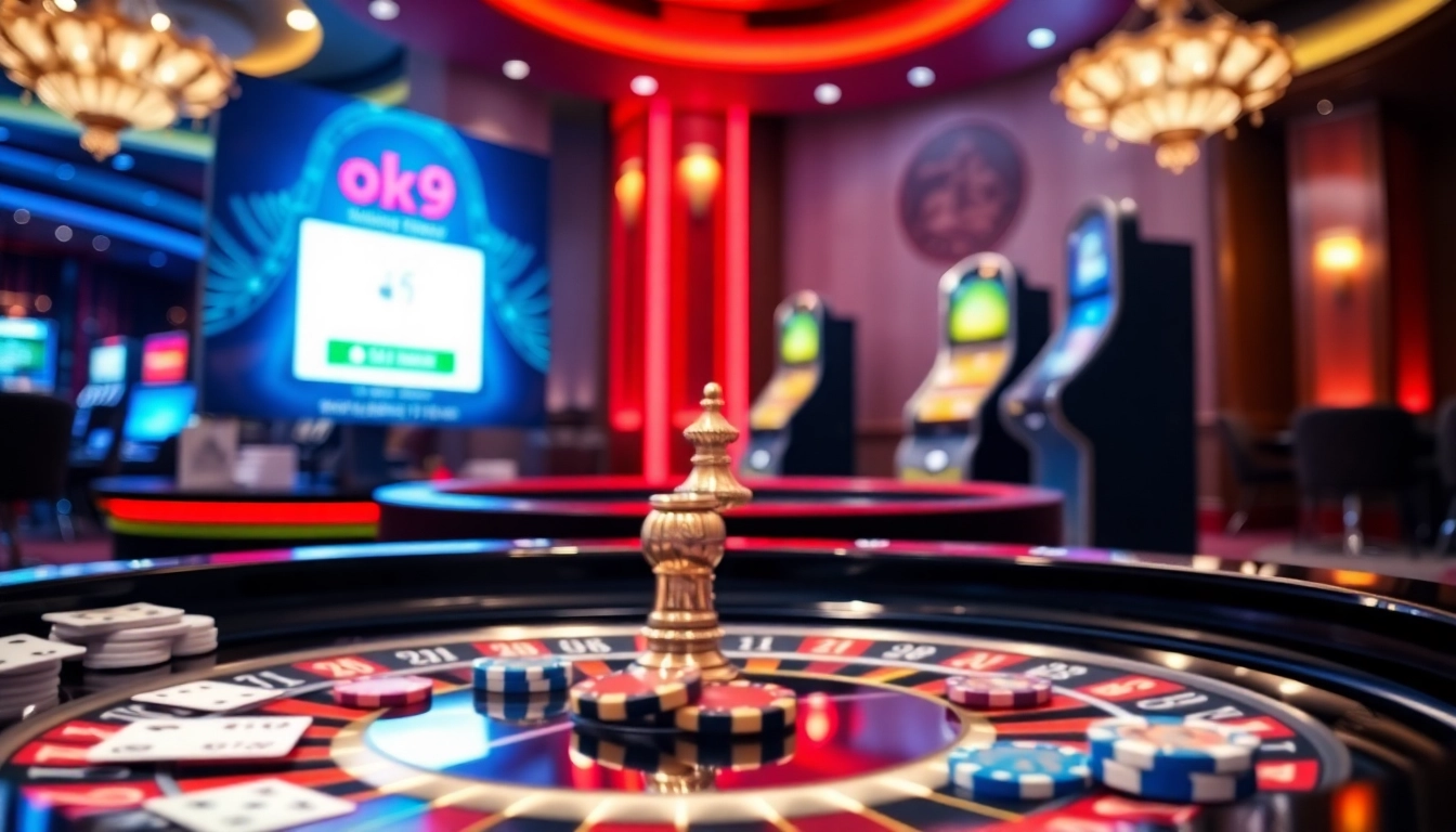 Engaging casino scene illustrating ok9 đăng nhập on a vibrant roulette table for online gamblers.