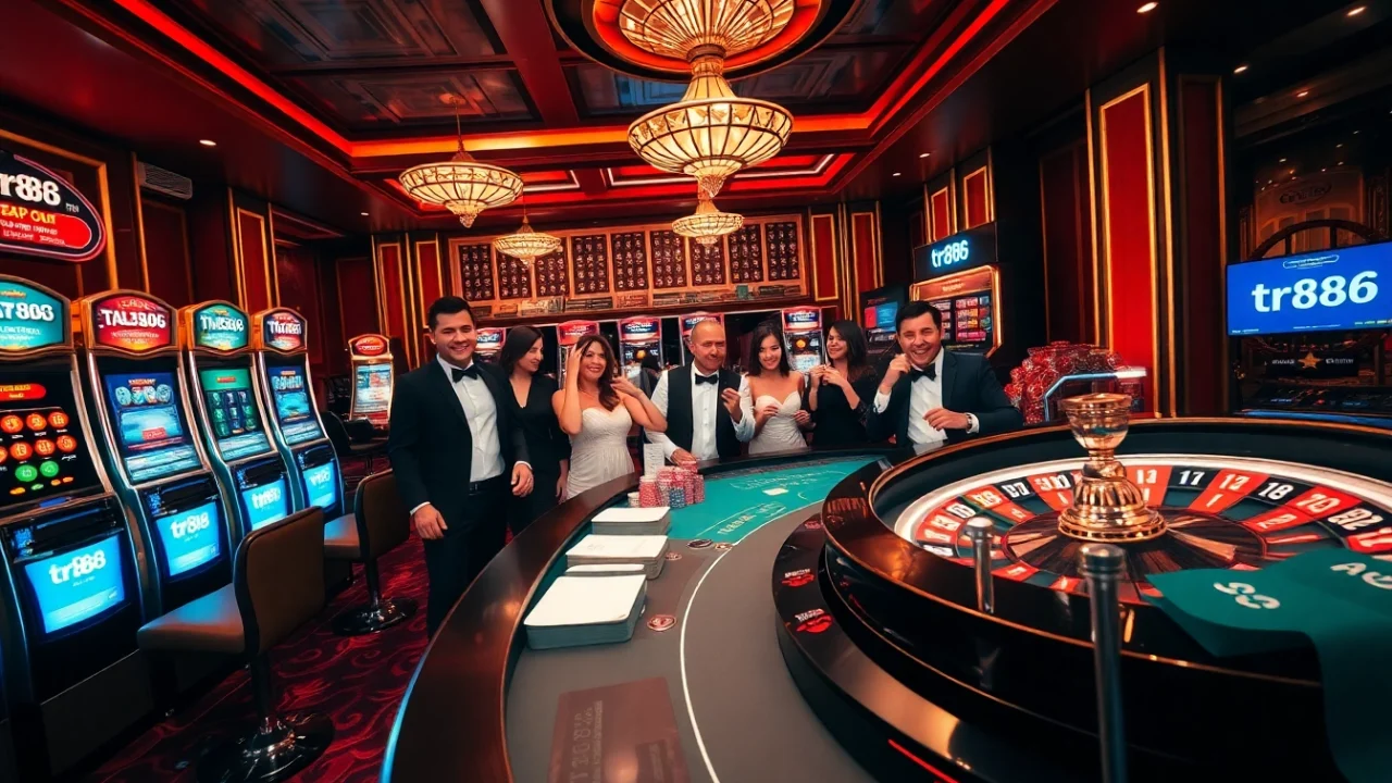 Engaging casino scene emphasizing tr88 with poker chips and lively roulette wheel action.