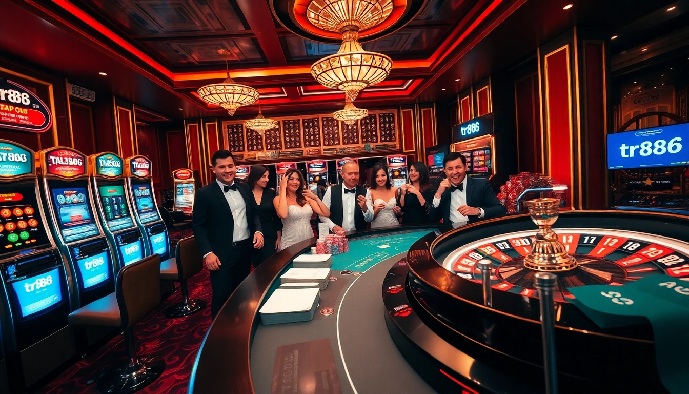Engaging casino scene emphasizing tr88 with poker chips and lively roulette wheel action.
