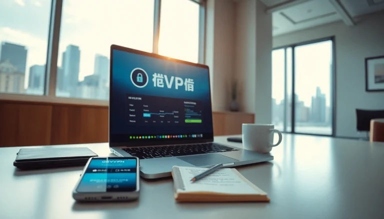 在笔记本电脑上显示的快连VPN界面，强调在现代工作环境中实现安全且快速的互联网连接。