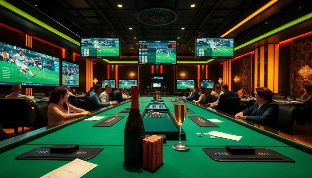 Exciting Kèo Bóng Đá betting scene in a luxurious casino with bettors and vibrant screens.