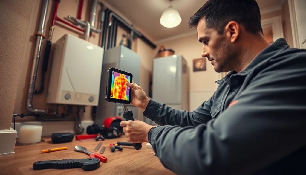 Central heating leak detection technician using thermal imaging to inspect pipes for leaks