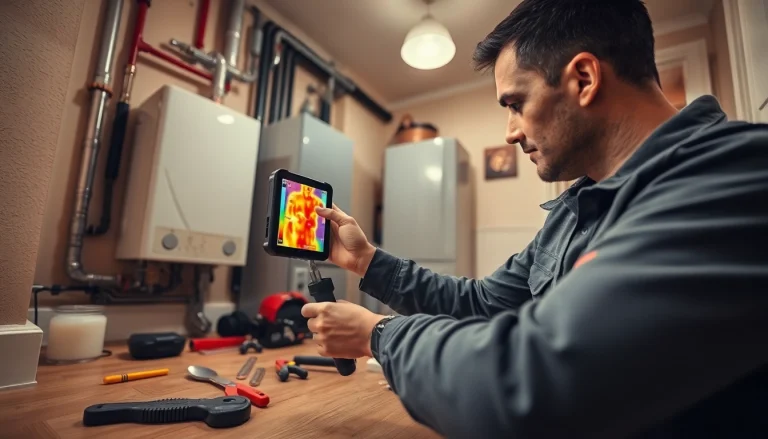 Central heating leak detection technician using thermal imaging to inspect pipes for leaks