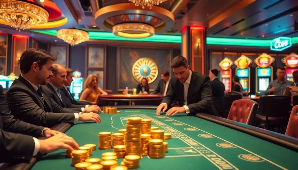 Players engage with the LC88 casino experience at a vibrant blackjack table.