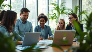 Engaged marketing consultancy team collaborating in a modern office with laptops and charts.