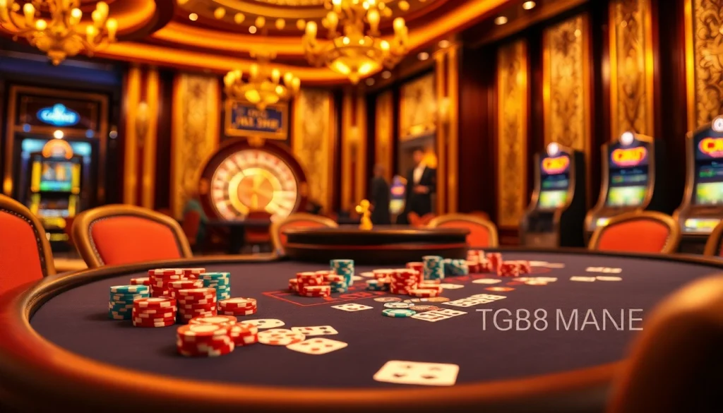 Feel the excitement of tg88 action at a high-stakes poker table, illuminated by golden casino lights.