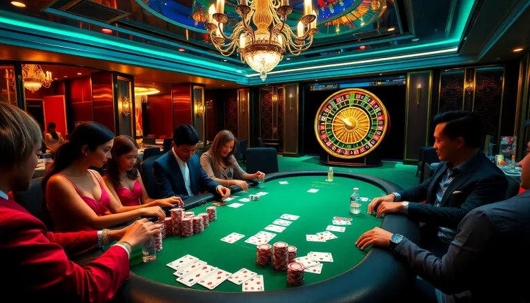 SUNWIN casino scene with a high-stakes poker table and vibrant gamblers, reflecting excitement.