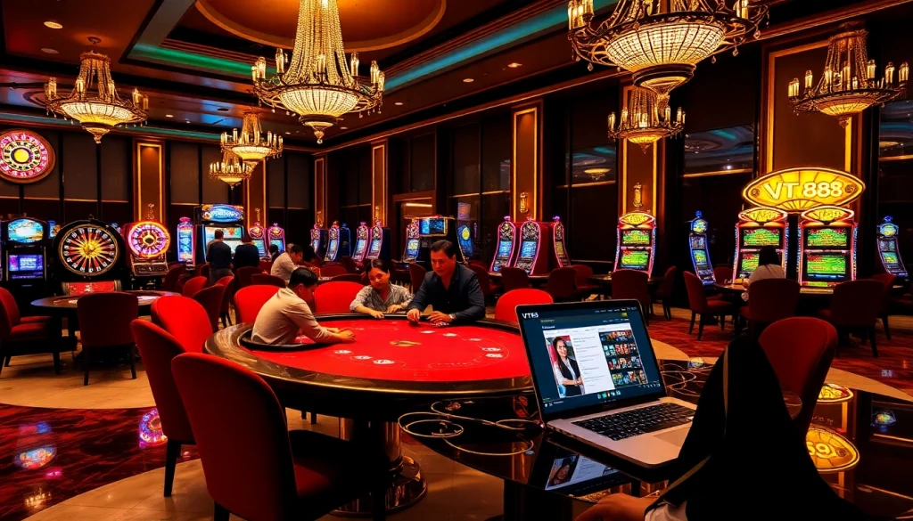 Players enjoying a high-stakes game at the VT 88 casino, featuring poker tables and vibrant slot machines.