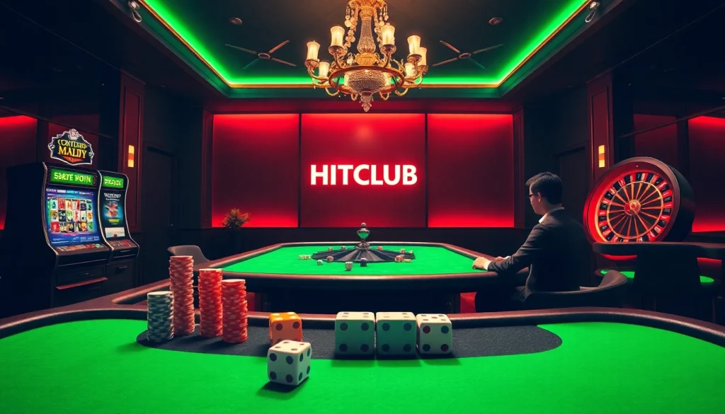 Experience the thrill of HITCLUB with exciting slot games, poker chips, and casino tables in an elegant setting.