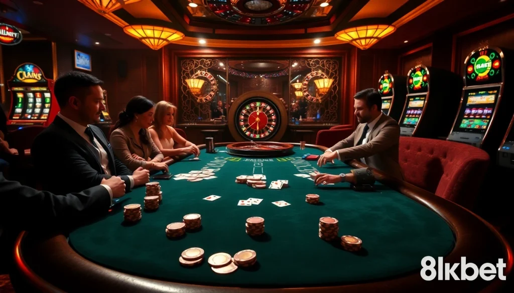 Experience the excitement of 8kbet at a luxurious casino setup with poker and roulette.
