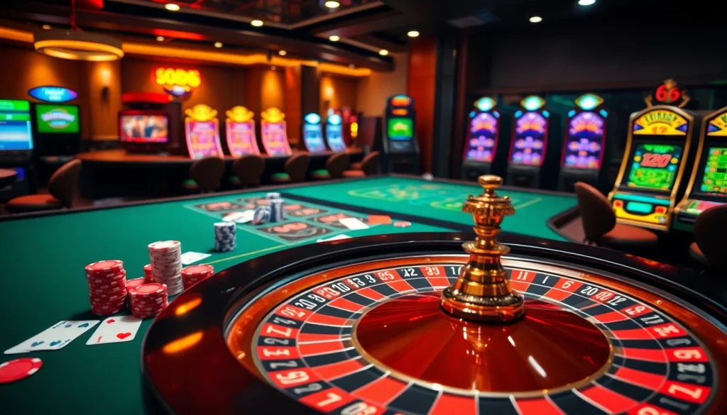 Sodo66 casino table with poker chips and roulette wheel in an elegant setting.