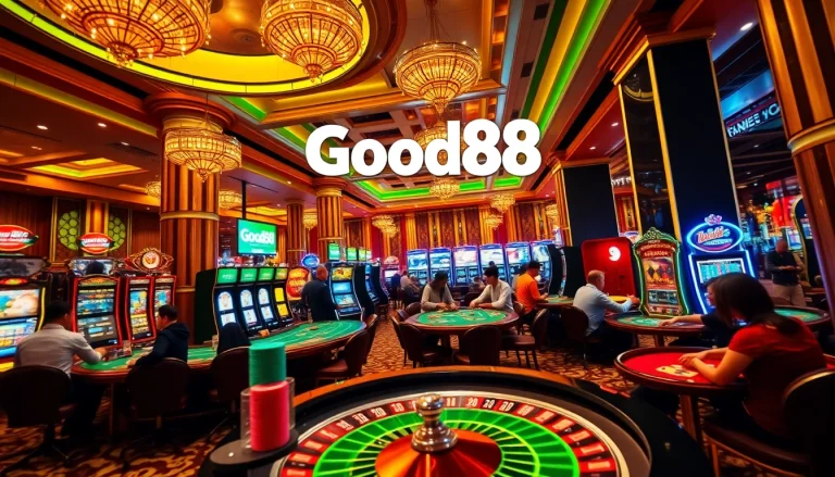 Experience the thrill of Good88 with vibrant casino action featuring poker chips and roulette.