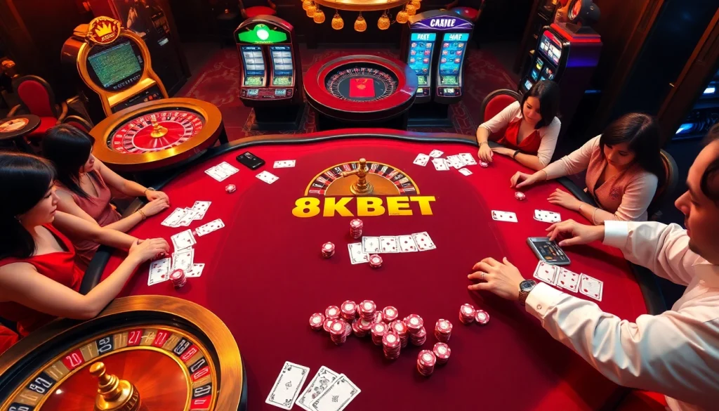 Engaged players at a luxurious 8KBET casino table eagerly placing their bets.