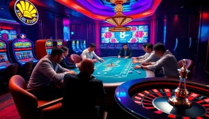 Players strategizing at the poker table in 8kbet's vibrant casino.