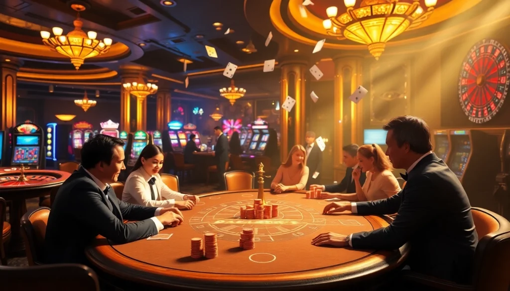 A vibrant casino scene with players engaged at a poker table, showcasing the thrill of nhà cái i9bet gambling experience.