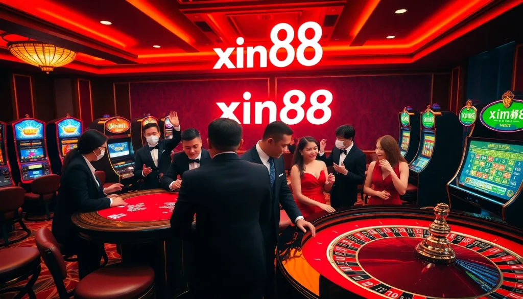 Experience the thrill of xin88 at a glamorous casino with roulette and slot machines.