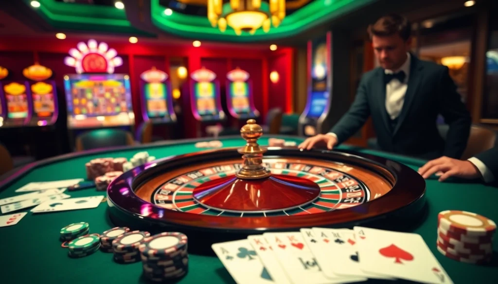 The thrill of casino gaming at https://fly88fly.com/ with a vibrant roulette wheel and elegant poker setup.