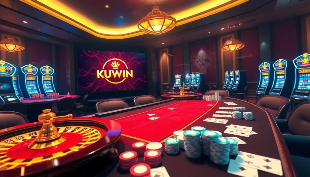 Kuwin1.club features an exciting casino environment with vibrant gaming tables and dynamic players.