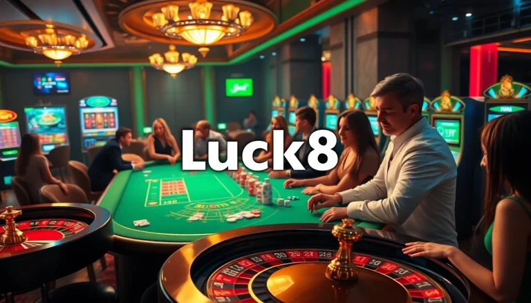 Players enjoying games at Luck8's luxurious casino, highlighting poker and slot machines.
