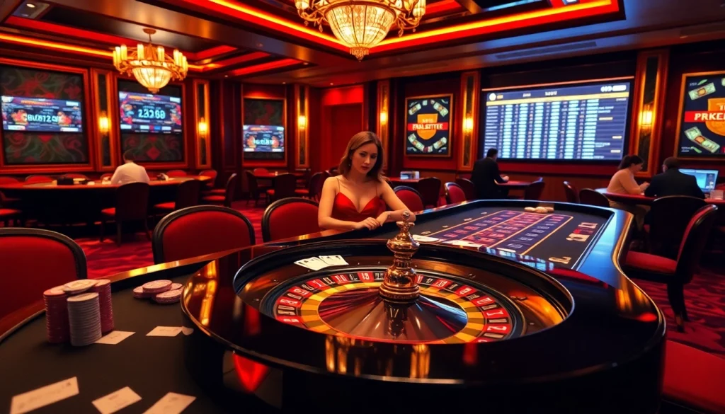 RR88 players enjoying an exciting game at a luxurious casino table with professional dealers.