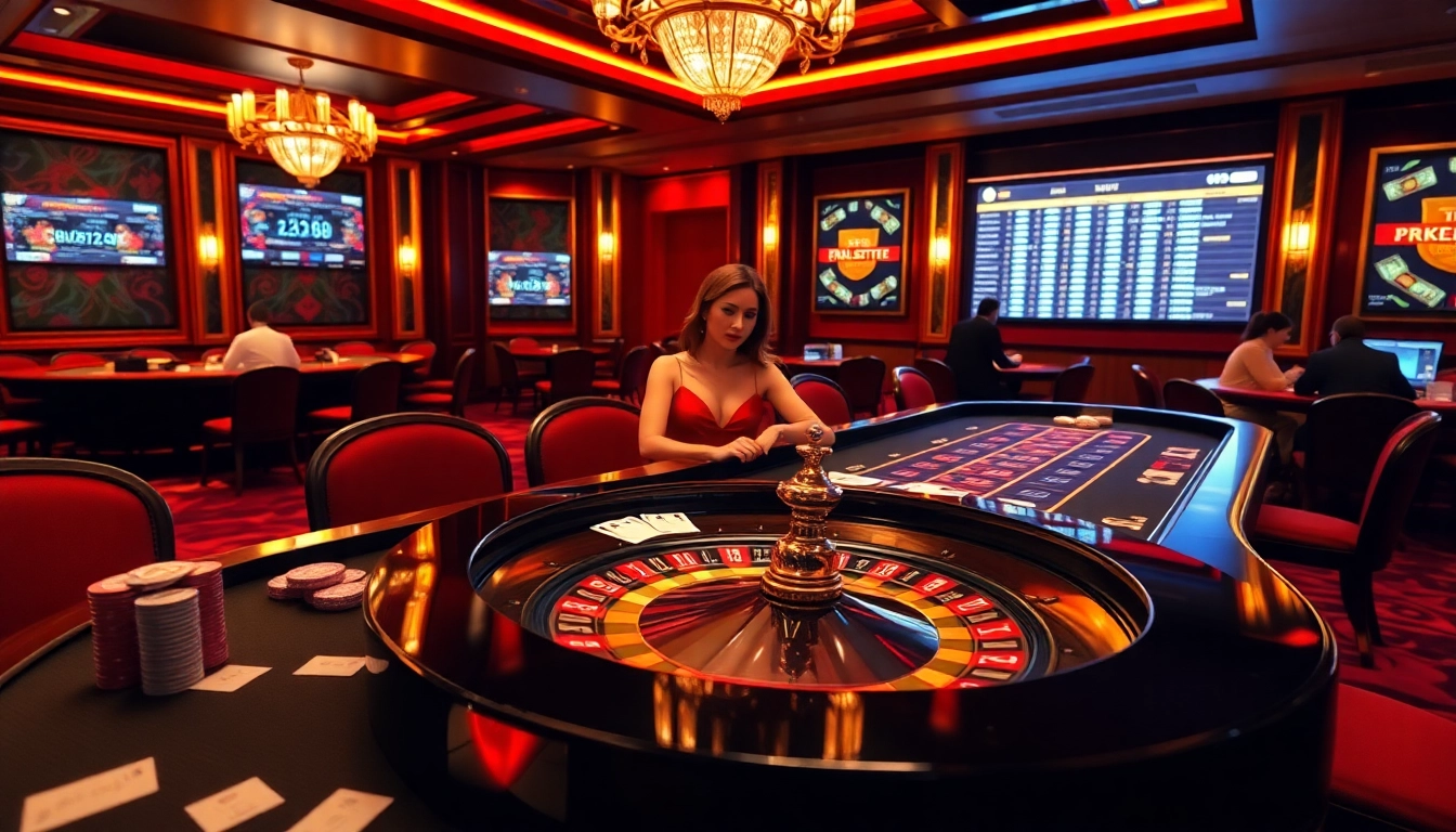 RR88 players enjoying an exciting game at a luxurious casino table with professional dealers.