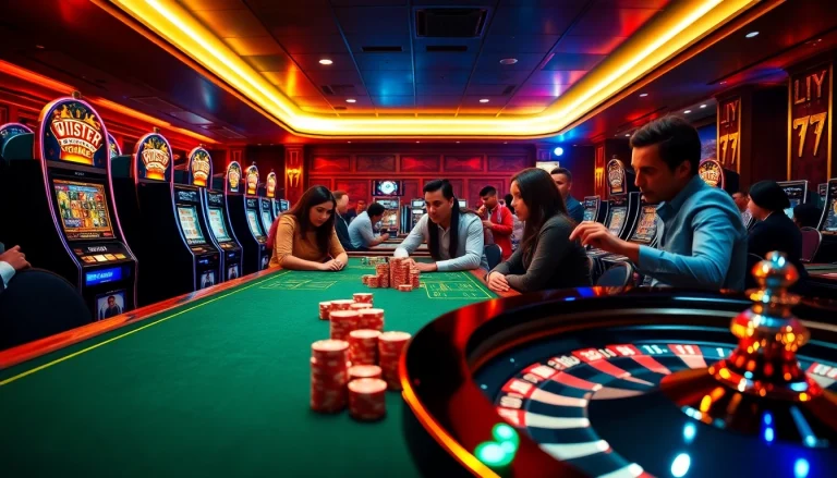 Experience the thrill of LUCK8 with engaging online gambling visuals featuring a vibrant poker table and dynamic slot machines.