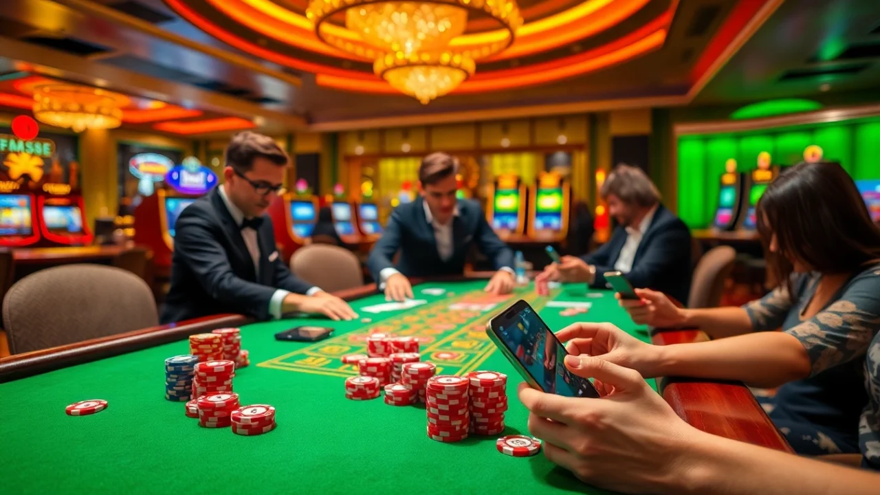 EEJL gamblers enjoying their luck at a stylish casino table with vibrant chips and cards.