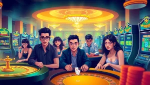 Experience the thrill of Nhà cái OKFUN with lively gaming scenes featuring diverse players and exciting casino activities.