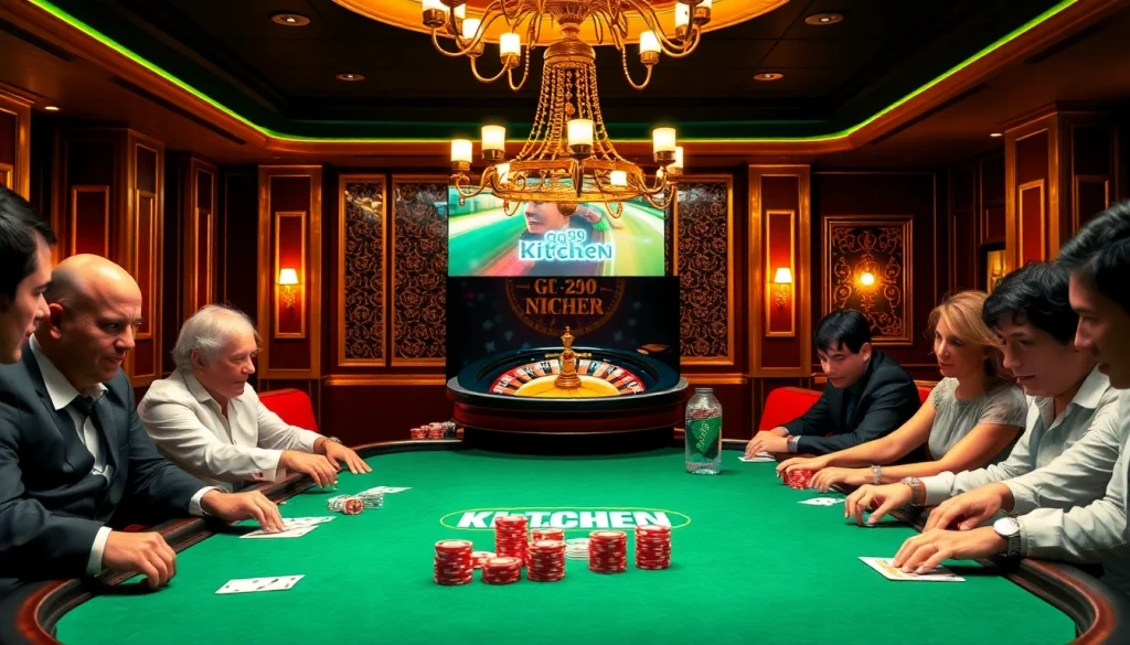 A thrilling poker scene at go99.kitchen with vibrant cards and chips on an elegant table.