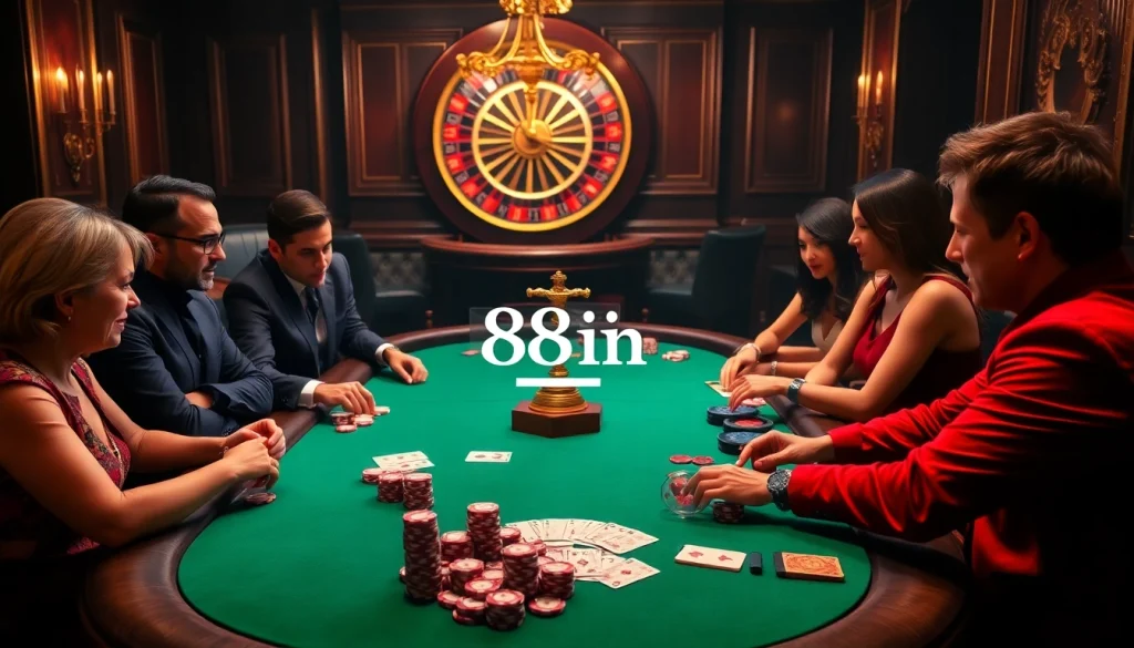 A thrilling poker game at a luxurious casino, showcasing excitement around the 88i table and vibrant poker chips.