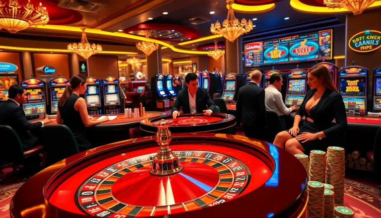 Players enjoying a thrilling experience at the elegant casino, featuring elements from https://dn88s.net/, such as roulette and poker.